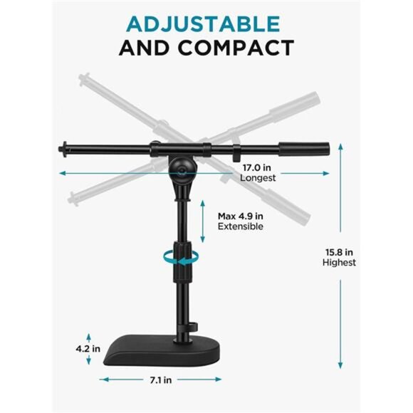 Adjustable Desk Microphone Stand, Weighted Base with Soft Grip Twist Clutch - Picture 7 of 8